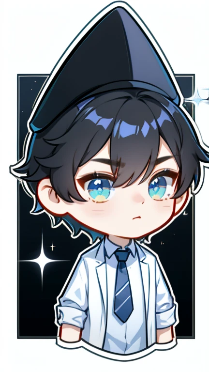 WW_Q, chibi, 1boy, +++, + +, bangs, black hair, blue eyes, closed mouth, diffraction spikes, formal, glint, holding, looking at viewer, male focus, outline, shirt, short hair, solo, sparkle, sparkling eyes, white background, white border, white outline, white shirt, amamiya ren, collared shirt, headwear removed, holding clothes, lora:WW_Q-000008:1:MIDD. Replace the black jacket and necktie with a lab coat to give a scholarly appearance.