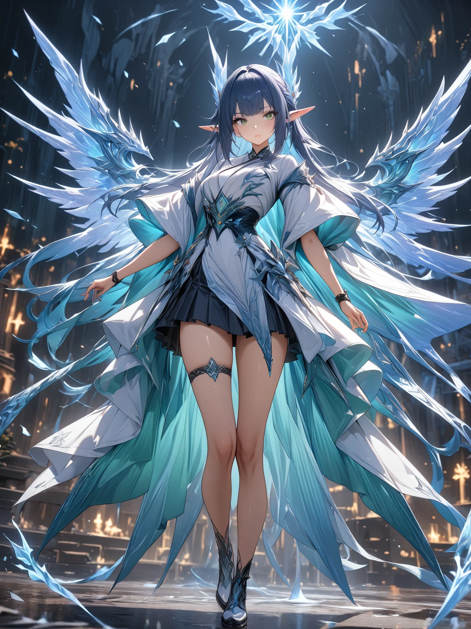 1girl,solo,green eyes,white clothes color,walking stance,blue hair,elf ear,thigh,sleek design,skirt,full body,looking to the side,style_ethereal_fantasy, visual appealing, synced, intricate character design, mystical,very aesthetic:1.6,(masterpiece,best quality),high quality,gloss