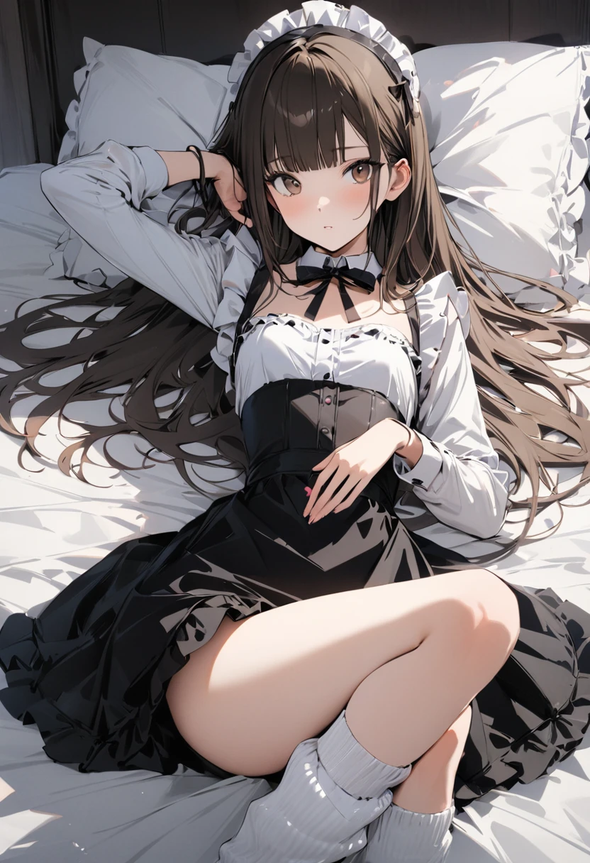 cover of a fashion magazine,(1 girl,slim,Small breasts,Long brown straight hair,Side bangs,slope_eye),(Maid_costume_play),(loose socks),Conceptual Art, masterpiece, Super detailed, Attention to detail, High image quality,highest quality, High resolution,Lying,wants me,in bed,wants my kiss