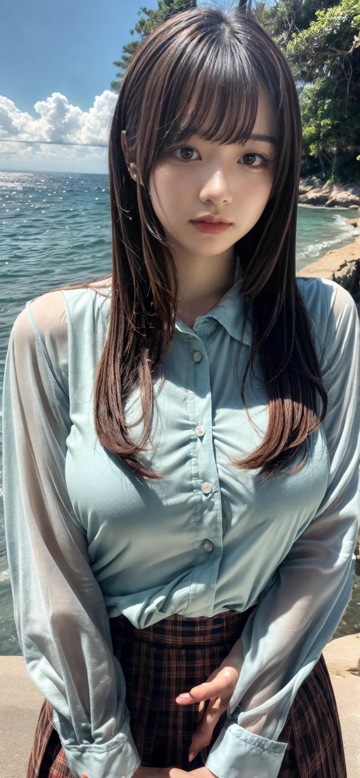 8k, Raw photo, highest quality, masterpiece:1.2), masterpiece, highest quality, figure, Very detailed, Fine details, High resolution, 8k,wallpaper, Perfect dynamic composition,(Detailed high quality, Realistic depiction of eyes:1.3)、A woman who has been  and has her hands tied、Arms wrapped around his back, hands tie behind bacｋ, Leaning against a large tree on the shore of a beautiful lake、 With legs wide open、Tartan plaid pleated skirt、whole body、White panties、The whole thing faces forward、２１talent、Beauty、Well-formed face、Make your eyes even、Large sagging eyes、Beautiful black hair、Has bangedium build、Well-balanced proportions、Beautiful legs、Blue Short Sleeve Blouse、Fresh face、Beautiful scenery、