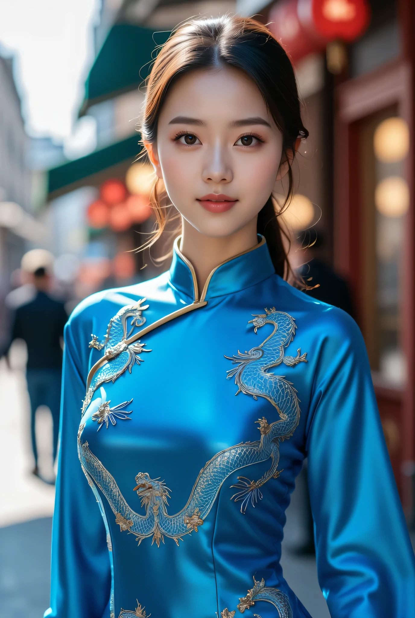 (Very beautiful cute girl), (very cute face:1.2),, (sparking crystal clear attractive large eyes:1.2), beautiful detailed eyes, Detailed double eyelids, (smiling), (realistic photograph:1.2), Super shiny metallic cobalt blue gorgeous long sleeves cheongsam, dragons pattern design cheongsam, Costume lighting,in the street,walking,(costume with smooth and strong reflective surfaces:1.1),(baby