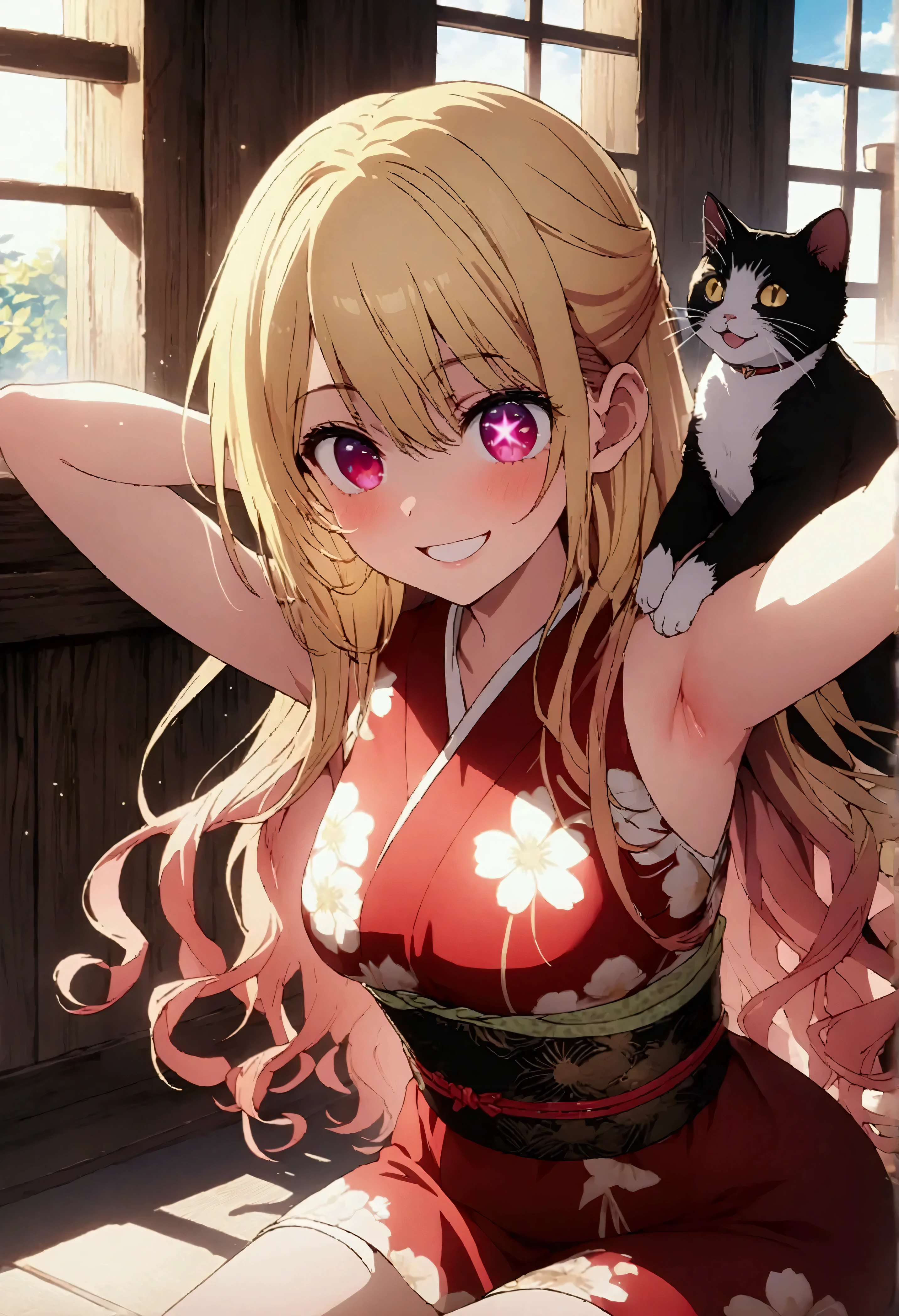 Kimono dress, Floral print,  HoshinoRuby, Star-shaped eyes, Ruby_Hoshino, Blonde, bangs, One girl, Pink Eyes, Long Hair, Cowboy Shot, masterpiece, Extremely detailed CG, cat, Sit with your knees raised,Perfect figure, Playful, Joy, happy, Big smile,Daytime, sunlight, 1 girl, 8k resolution, See-through, mini skirt, Please redeem, High resolution, Highly detailed face, Perfect lighting, Highly detailed CG, (Perfect hands, Perfect Anatomy), Perfect figure, Look under the armpits,