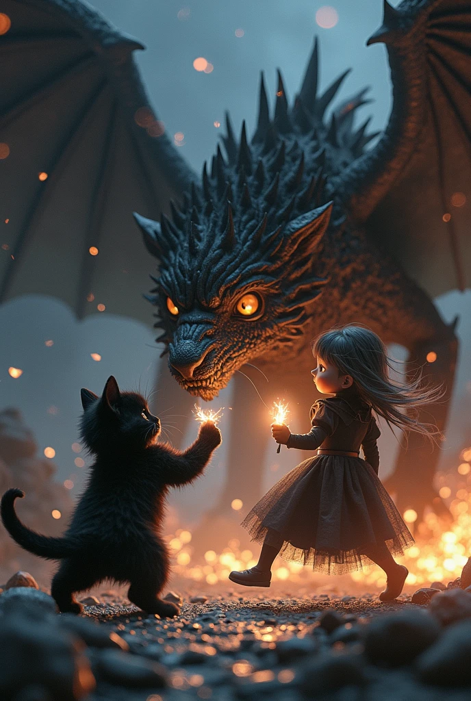 The world&#39;s cutest black kitten and the world&#39;s cutest beautiful witch girl are fighting against the ferocious and terrifying monster Chimera.、Inside the cave、The dazzling light of the torches、Bold composition、A powerful composition、Cinematic lighting、A bird&#39;s-eye view from diagonally above、Unleashing Magic