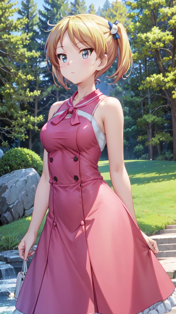 masterpiece, Best quality, high resolution, Serena (Pokémon), Short hair, Blue Eyes, 1 Girl, Solitary, Blue Ribbon, eyelash, Neck strap, sleeveless, Bangs, clavicle, Bare arms, Pink dress , Red coat, white background, front, No scenery, looking at the viewer,Upper body, For the audience, solid color background, clean background, Facing the camera, high resolution, Expressionless calm face, 白色background, looking away, Simple_background