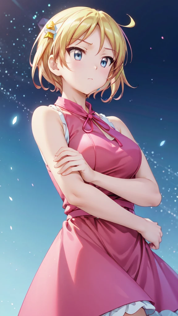 masterpiece, Best quality, high resolution, Serena (Pokémon), Short hair, Blue Eyes, 1 Girl, Solitary, Blue Ribbon, eyelash, Neck strap, sleeveless, Bangs, clavicle, Bare arms, Pink dress , Red coat, white background, front, No scenery, looking at the viewer,Upper body, For the audience, solid color background, clean background, Facing the camera, high resolution, Expressionless calm face, 白色background, looking away, Simple_background