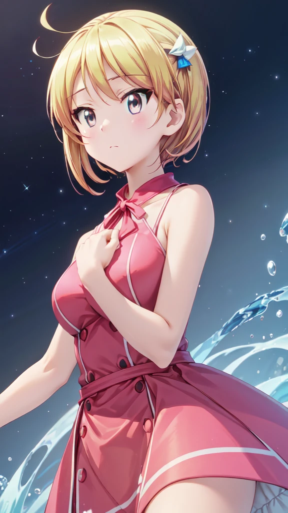 masterpiece, Best quality, high resolution, Serena (Pokémon), Short hair, Blue Eyes, 1 Girl, Solitary, Blue Ribbon, eyelash, Neck strap, sleeveless, Bangs, clavicle, Bare arms, Pink dress , Red coat, white background, front, No scenery, looking at the viewer,Upper body, For the audience, solid color background, clean background, Facing the camera, high resolution, Expressionless calm face, 白色background, looking away, Simple_background