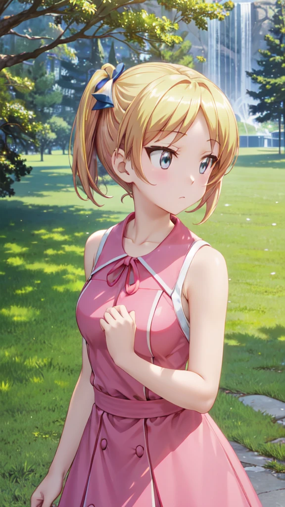 masterpiece, Best quality, high resolution, Serena (Pokémon), Short hair, Blue Eyes, 1 Girl, Solitary, Blue Ribbon, eyelash, Neck strap, sleeveless, Bangs, clavicle, Bare arms, Pink dress , Red coat, white background, front, No scenery, looking at the viewer,Upper body, For the audience, solid color background, clean background, Facing the camera, high resolution, Expressionless calm face, 白色background, looking away, Simple_background