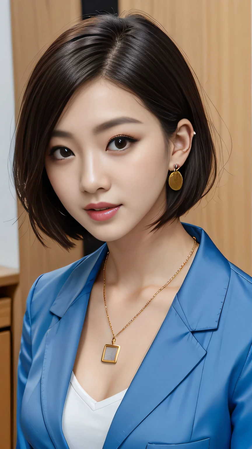 RAW Photos, High resolution, Very detailed, Intricate details, 、ear piercing、smile、short hair、Black Hair、Open your mouth a little、Clear beauty,(High quality fabric, Office Lady Suits 、Necklace around the neck、, The background is the office