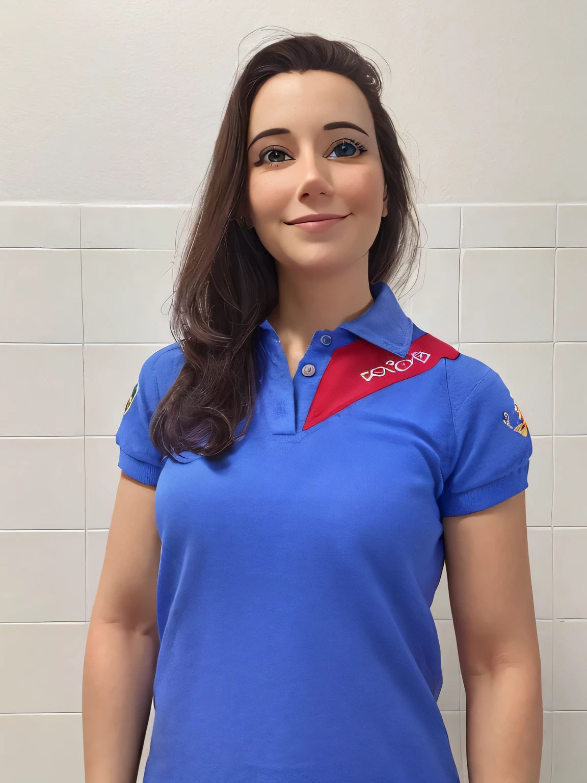 A woman in a blue shirt standing in front of a white wall - SeaArt AI