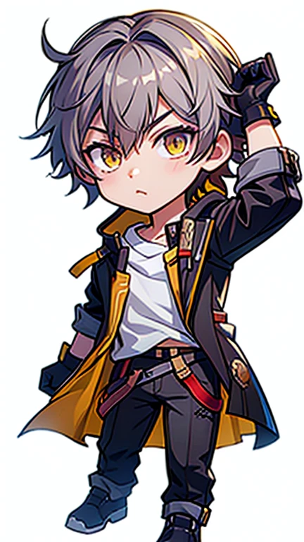 masterpiece, Best Quality, Chibi,
, One person, Focus on men, gloves, short hair,Gray Hair,bangs,Yellow Eyes,White shirt,jacket,pants,belt,open white,
White background,