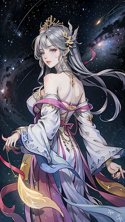 （masterpiece，Best Quality，High resolution, Unity8k wallpaper, Official Art), (One young beautiful girl), colorful, Detailed illustration art, Super detailed，Large Breasts, (Intertwined, Datura stramonium, Tangle), The Goddess, White lace dress, Silver Tiara, necklace, earrings, Gold Bracelet, Off the shoulder, Look at me and smile, Divine Light，Looking back beauty, Like a painting, flash drawing，Vibrant colors, Perfect Majic, Fantasy World, background, star雲, star, milky way, Detailed digital art, 