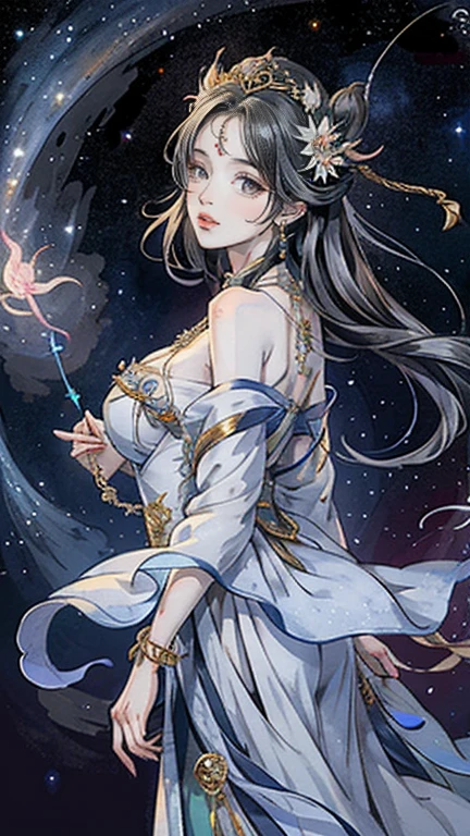 （masterpiece，Best Quality，High resolution, Unity8k wallpaper, Official Art), (One young beautiful girl), colorful, Detailed illustration art, Super detailed，Large Breasts, (Intertwined, Datura stramonium, Tangle), The Goddess, White lace dress, Silver Tiara, necklace, earrings, Gold Bracelet, Off the shoulder, Look at me and smile, Divine Light，Looking back beauty, Like a painting, flash drawing，Vibrant colors, Perfect Majic, Fantasy World, background, star雲, star, milky way, Detailed digital art, 