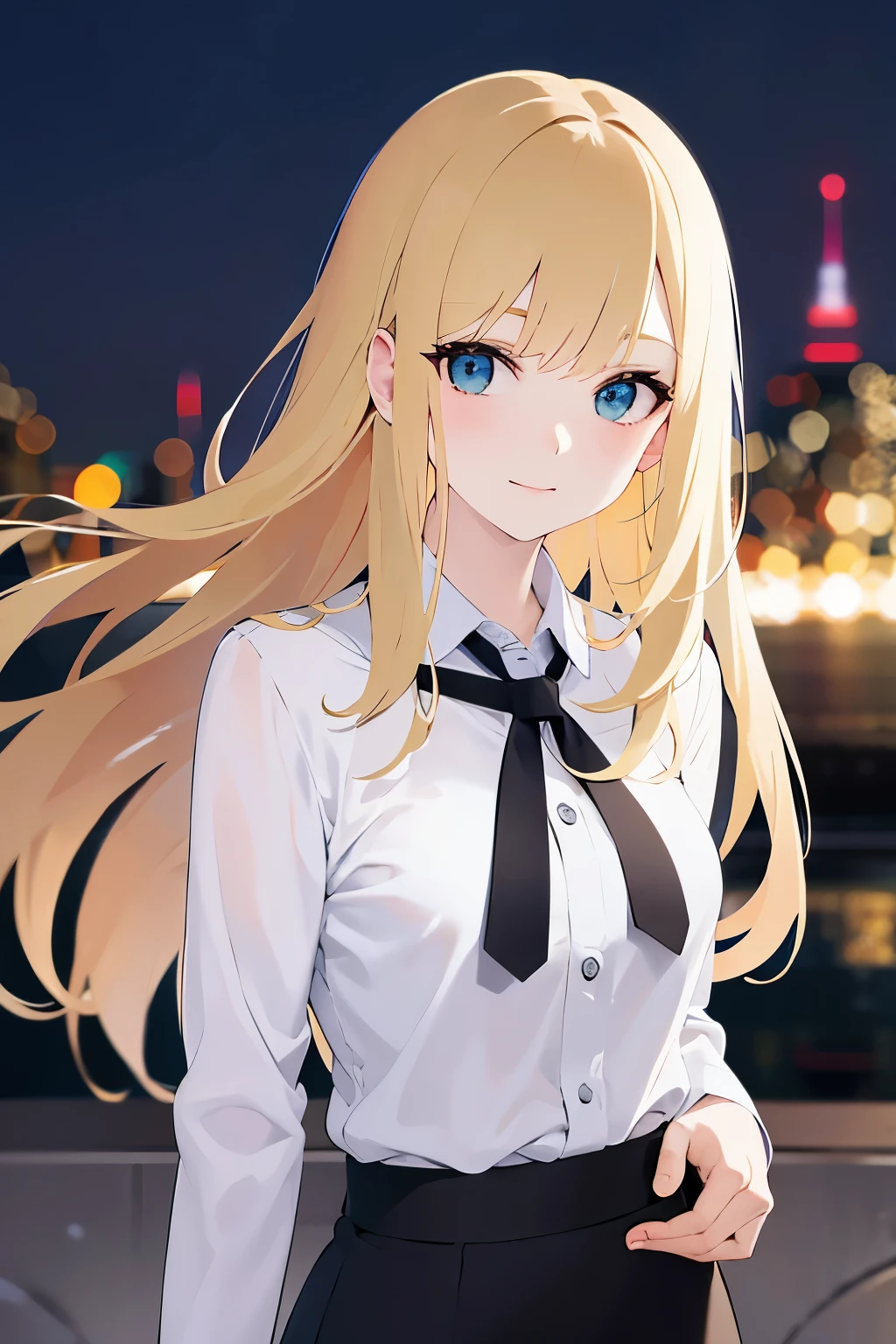 1woman,super beautiful,very detailed face, HD face, perfect face,,at night,black t-shirt,short sleeve t-shirt,black mini skirt, big breasts,Blonde hair,long hair,wavy hair,bangs,Black ribbon headband,blue eyes,ultra detail,ultra Hd, masterpiece,4k
