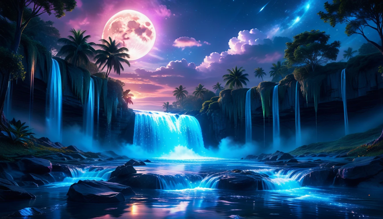 A Masterpiece In 32K Resolution, Supreme Quality, Super Detail, Official Art, Very High-Resolution 32K Wallpaper, Beautiful And Aesthetic, Ultra-Detailed Features, Awe-Inspiring Detail. An Enchanted Moonlit Waterfall - Butterflies Flutter Under The Light Of The Full Moon As Iridescent Waterfalls Cascade Into A Glowing Pool. Nebula-Like Clouds Float Overhead, And The Entire Scene Glows With A Bioluminescent Radiance, Framed By Stunning Galactic Vistas.