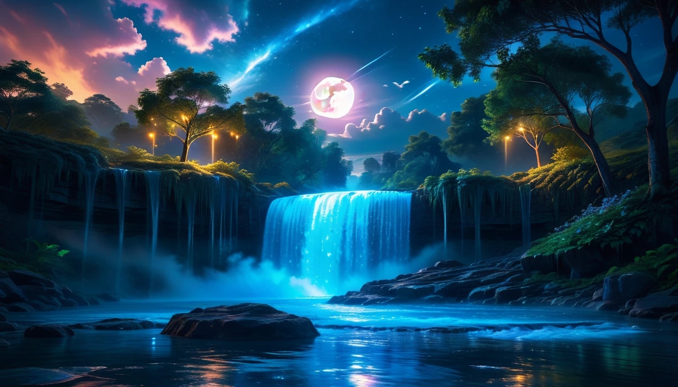 A Masterpiece In 32K Resolution, Supreme Quality, Super Detail, Official Art, Very High-Resolution 32K Wallpaper, Beautiful And Aesthetic, Ultra-Detailed Features, Awe-Inspiring Detail. An Enchanted Moonlit Waterfall - Butterflies Flutter Under The Light Of The Full Moon As Iridescent Waterfalls Cascade Into A Glowing Pool. Nebula-Like Clouds Float Overhead, And The Entire Scene Glows With A Bioluminescent Radiance, Framed By Stunning Galactic Vistas.