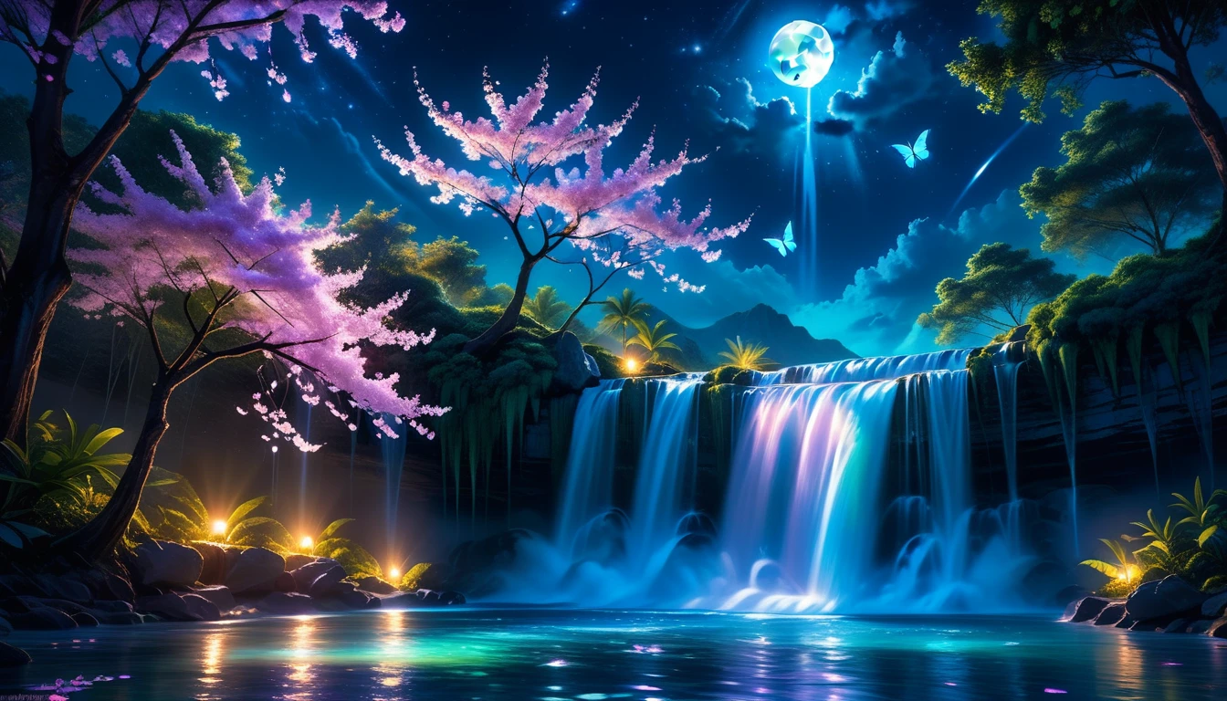 A Masterpiece In 32K Resolution, Supreme Quality, Super Detail, Official Art, Very High-Resolution 32K Wallpaper, Beautiful And Aesthetic, Ultra-Detailed Features, Awe-Inspiring Detail. An Enchanted Moonlit Waterfall - Butterflies Flutter Under The Light Of The Full Moon As Iridescent Waterfalls Cascade Into A Glowing Pool. Nebula-Like Clouds Float Overhead, And The Entire Scene Glows With A Bioluminescent Radiance, Framed By Stunning Galactic Vistas.