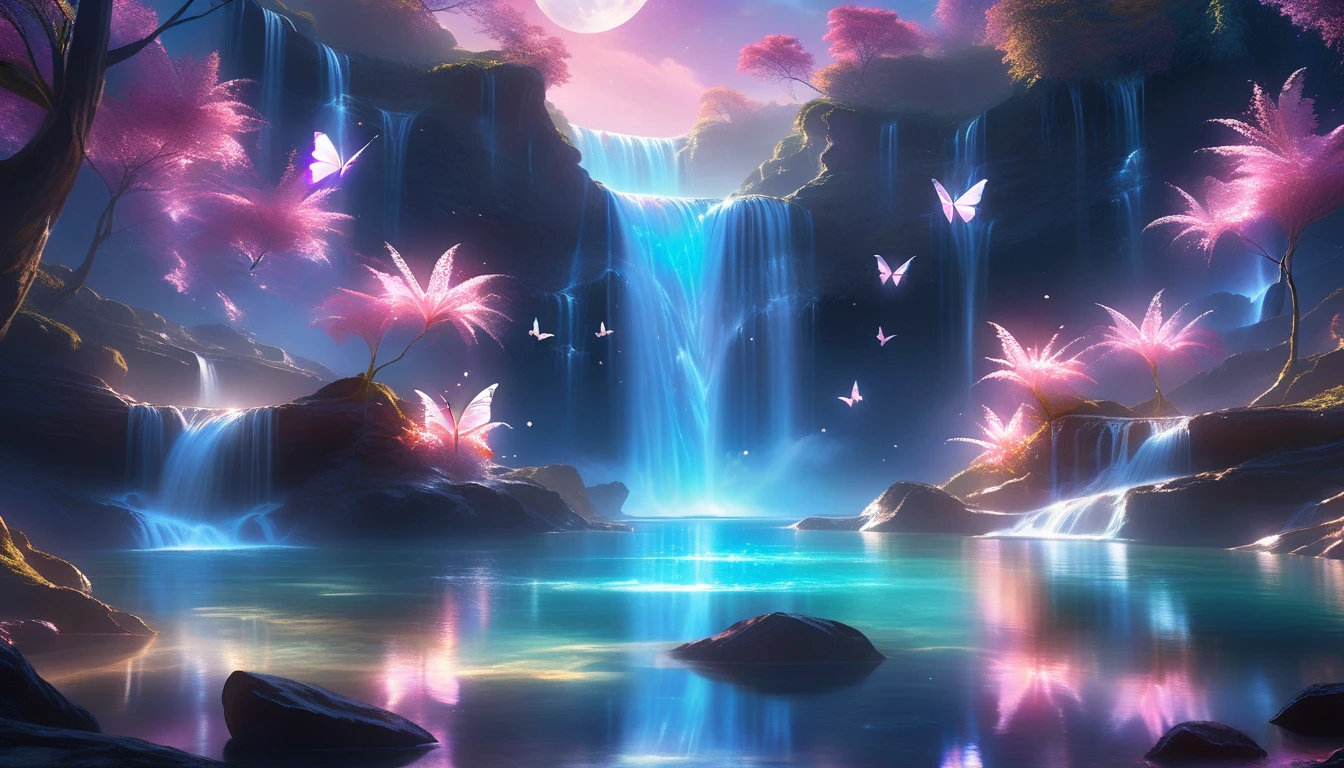 A Masterpiece In 32K Resolution, Supreme Quality, Super Detail, Official Art, Very High-Resolution 32K Wallpaper, Beautiful And Aesthetic, Ultra-Detailed Features, Awe-Inspiring Detail. An Enchanted Moonlit Waterfall - Butterflies Flutter Under The Light Of The Full Moon As Iridescent Waterfalls Cascade Into A Glowing Pool. Nebula-Like Clouds Float Overhead, And The Entire Scene Glows With A Bioluminescent Radiance, Framed By Stunning Galactic Vistas.