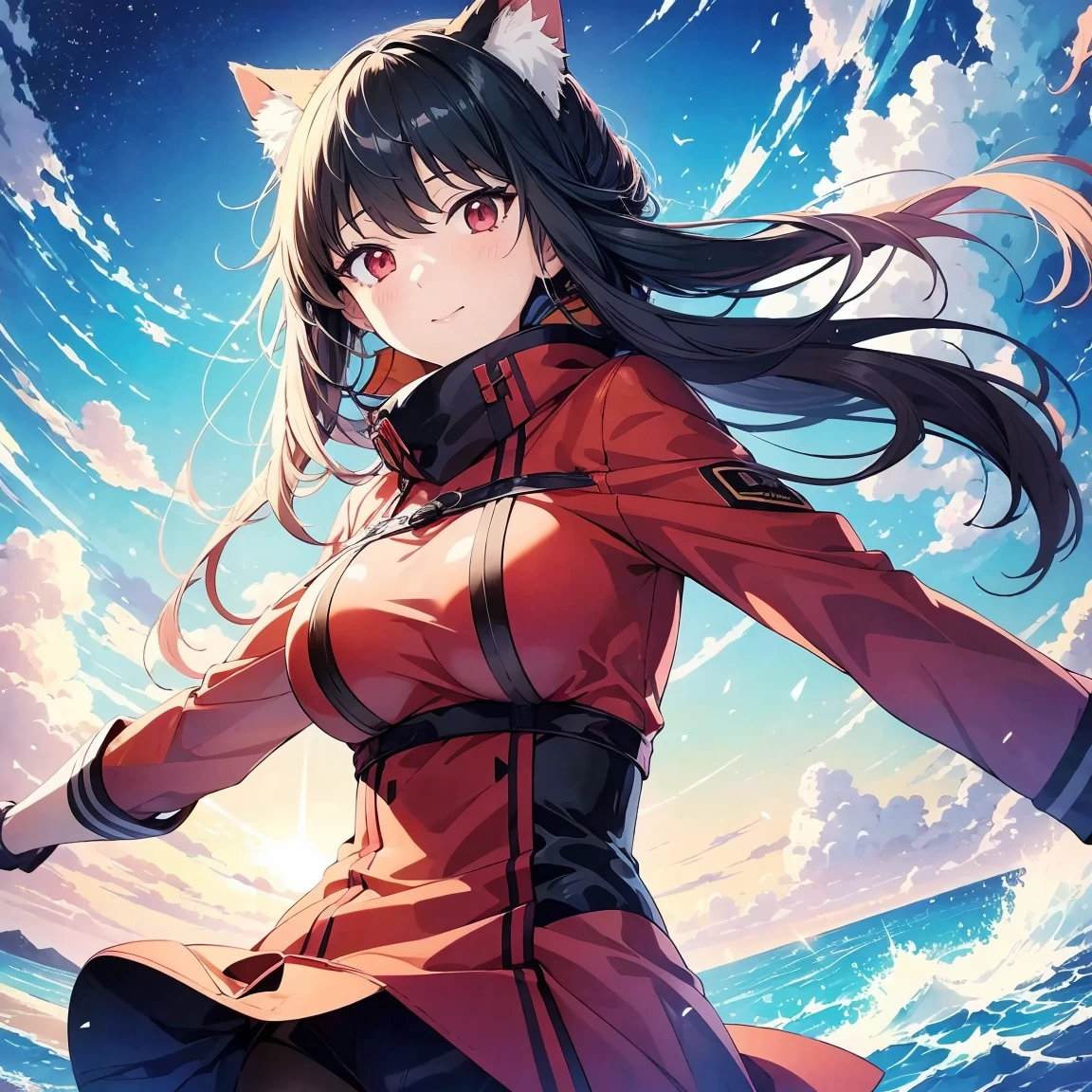 score_9, score_8_up, score_7_up, source_anime, 1girl, cat hood,attension,from forward, sky, happy,starry sky,upper body,Anime girl wearing a red coat and a black skirt,Anime Moe Art Style, Cute girl anime visuals, official artwork, Highly detailed official artwork, Smooth anime CG art, Detailed Key Anime Art, Young Anime Girl, Epic light novel art cover, Cute Anime Girl Portrait