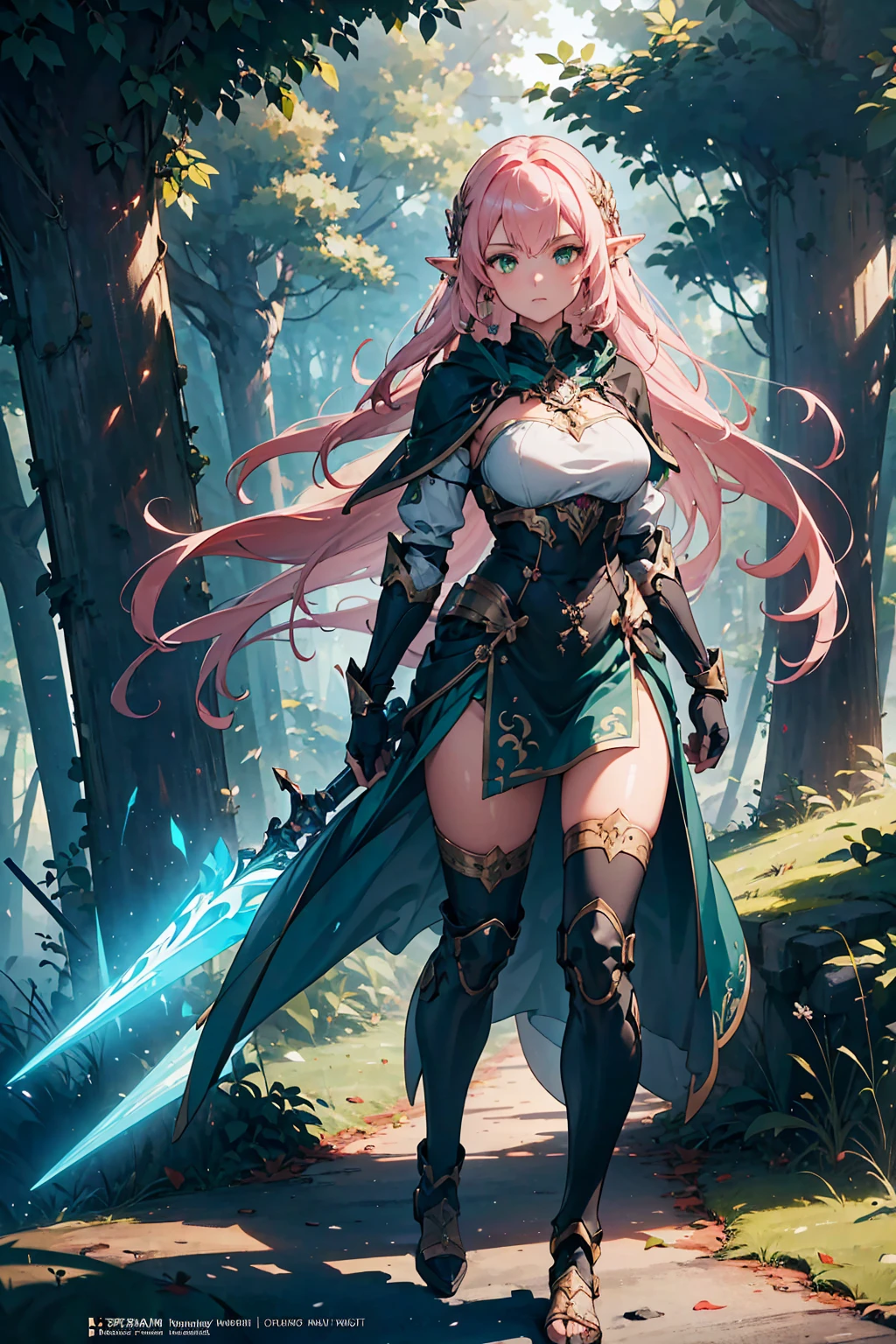 (((Masterpiece, best quality, high detailed, 8k))) Design a layout showcase Gaming character, (1girl). Light pink hair, green eyes, wearing a futuristic armor, wielding an empowering spear. (masterpiece:1.2), (best quality), ultra-detailed. (Step by step design, layout art:1.5), (luminous lighting, atmospheric lighting). Majestic elf in a magnificent forest with beautiful lighting. ((glove full hands)), intricate vambraces, high-tech legwear, (((full_body_shot:1.4))). The elf stands gracefully amidst ancient, towering trees, their leaves shimmering with a magical glow. The futuristic armor, a blend of sleek metal and glowing energy lines, contrasts beautifully with the natural surroundings. Her light pink hair flows softly around her, framing her elegant face with piercing green eyes that radiate wisdom and strength. The empowering spear she holds is adorned with mystical runes and a radiant crystal at its tip, pulsing with an ethereal light. She exudes an aura of power and serenity, perfectly harmonized with the enchanting beauty of the forest around her. Art style inspired by Artgerm, Kawacy, and Wadim Kashin.