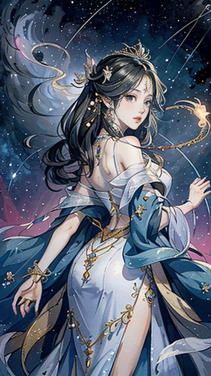 （masterpiece，Best Quality，High resolution, Unity8k wallpaper, Official Art), (One young beautiful girl), colorful, Detailed illustration art, Super detailed，Large Breasts, (Intertwined, Datura stramonium, Tangle), The Goddess, White lace dress, Silver Tiara, necklace, earrings, Gold Bracelet, Off the shoulder, Look at me and smile, Divine Light，Looking back beauty, Like a painting, flash drawing，Vibrant colors, Perfect Majic, Fantasy World, background, star雲, star, milky way, Detailed digital art, 