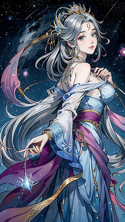 （masterpiece，Best Quality，High resolution, Unity8k wallpaper, Official Art), (One young beautiful girl), colorful, Detailed illustration art, Super detailed，Large Breasts, (Intertwined, Datura stramonium, Tangle), The Goddess, White lace dress, Silver Tiara, necklace, earrings, Gold Bracelet, Off the shoulder, Look at me and smile, Divine Light，Looking back beauty, Like a painting, flash drawing，Vibrant colors, Perfect Majic, Fantasy World, background, star雲, star, milky way, Detailed digital art, 