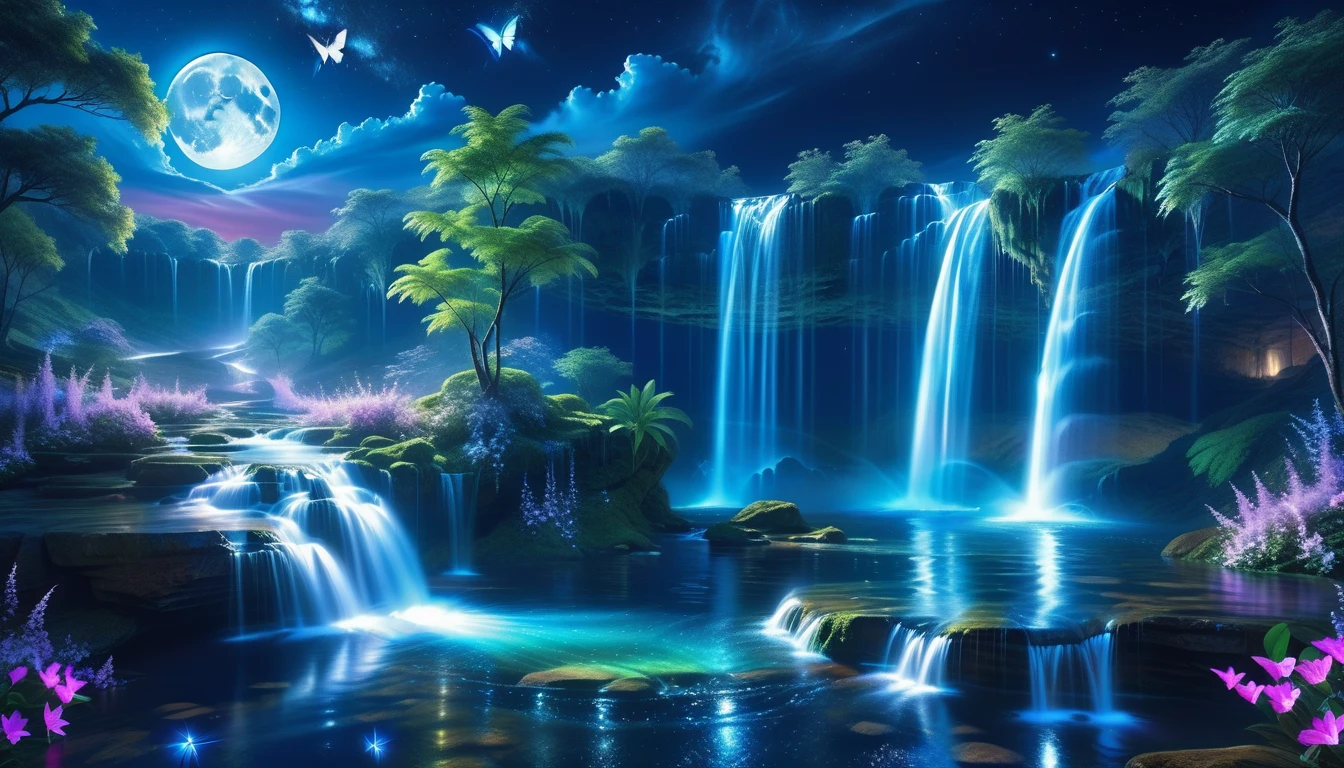 A Masterpiece In 32K Resolution, Supreme Quality, Super Detail, Official Art, Very High-Resolution 32K Wallpaper, Beautiful And Aesthetic, Ultra-Detailed Features, Awe-Inspiring Detail. An Enchanted Moonlit Waterfall - Butterflies Flutter Under The Light Of The Full Moon As Iridescent Waterfalls Cascade Into A Glowing Pool. Nebula-Like Clouds Float Overhead, And The Entire Scene Glows With A Bioluminescent Radiance, Framed By Stunning Galactic Vistas.