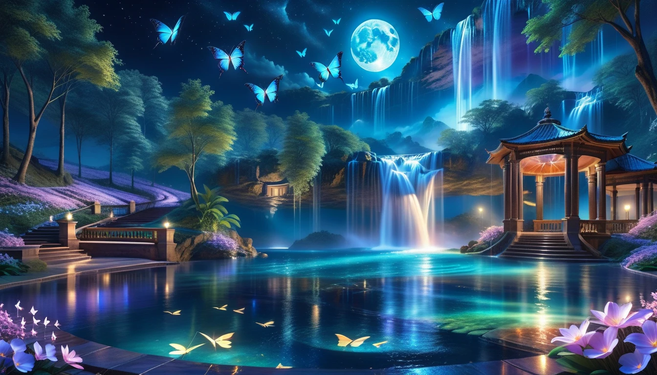 A Masterpiece In 32K Resolution, Supreme Quality, Super Detail, Official Art, Very High-Resolution 32K Wallpaper, Beautiful And Aesthetic, Ultra-Detailed Features, Awe-Inspiring Detail. An Enchanted Moonlit Waterfall - Butterflies Flutter Under The Light Of The Full Moon As Iridescent Waterfalls Cascade Into A Glowing Pool. Nebula-Like Clouds Float Overhead, And The Entire Scene Glows With A Bioluminescent Radiance, Framed By Stunning Galactic Vistas.