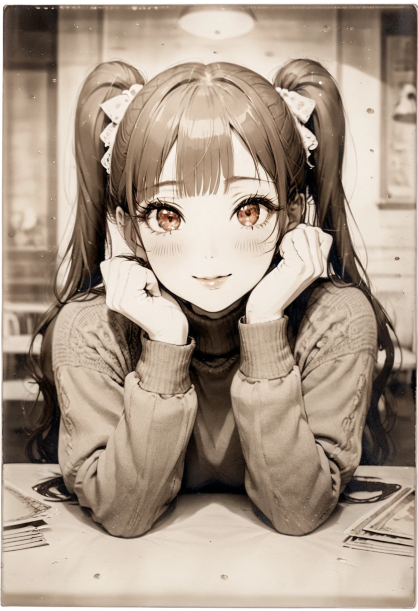 A photo of a girl with red hair and twin tails( Very sepia:1.8)Old photo of、(Saturation -1.8). Place both hands on cheeks, Sleeves longer than the wrist, indoor, Turtleneck sweater, Red sweater,Sweater details and soft texture、 Please put your elbows on the table,Very beautiful detailed red eyes and glossy lips,Beautiful detailed ultra-realistic skin、 Face close-up, Front, Very long upper eyelashes, Very long eyelashes, Reflective pupil, A little blush, Sexy lips, A gentle smile that captivates the audience, Actual Location, Gazing at the viewer.