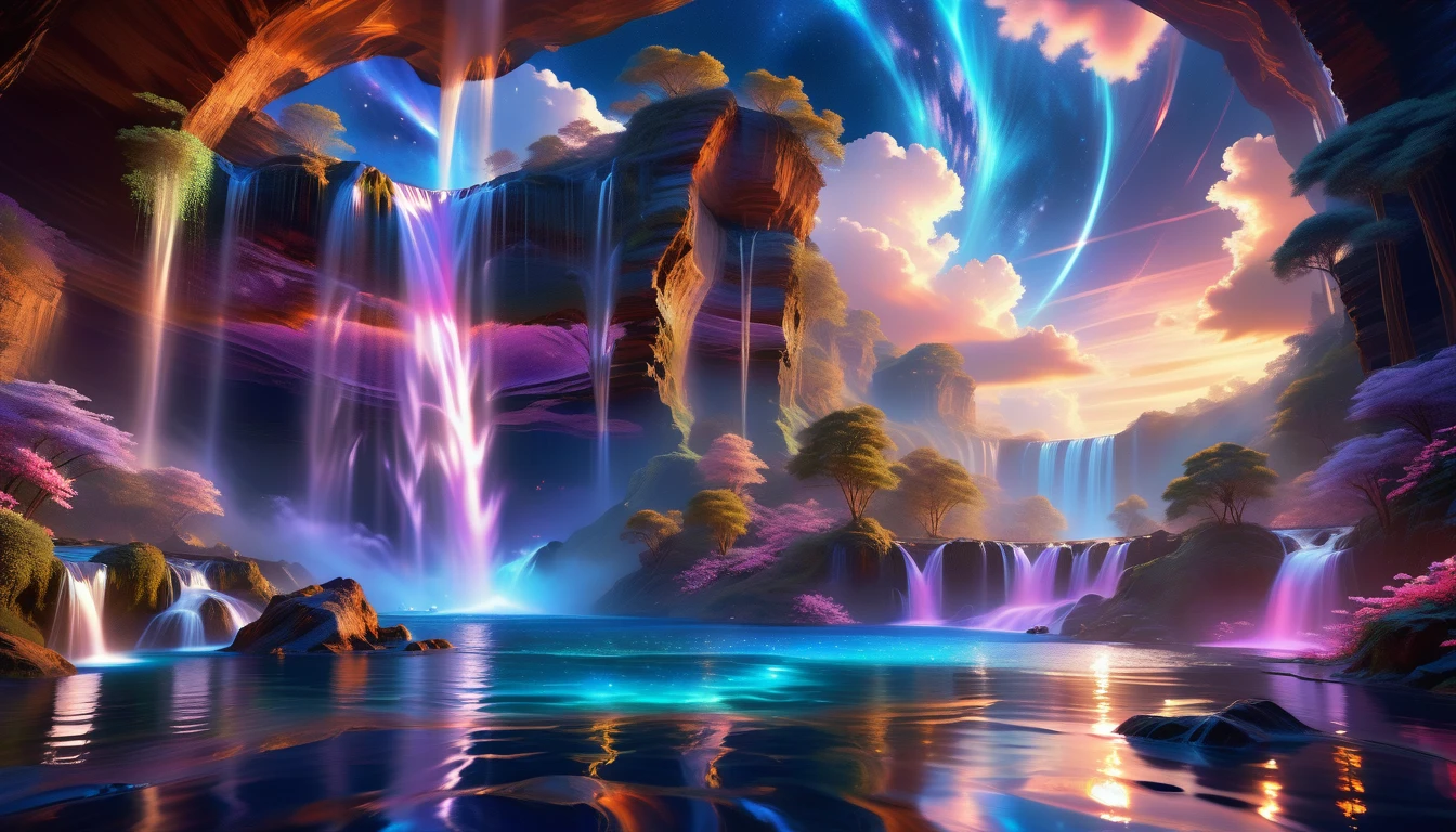 A Masterpiece In 32K Resolution, Supreme Quality, Super Detail, Official Art, Very High-Resolution 32K Wallpaper, Beautiful And Aesthetic, Ultra-Detailed Features, Awe-Inspiring Detail. An Enchanted Moonlit Waterfall - Butterflies Flutter Under The Light Of The Full Moon As Iridescent Waterfalls Cascade Into A Glowing Pool. Nebula-Like Clouds Float Overhead, And The Entire Scene Glows With A Bioluminescent Radiance, Framed By Stunning Galactic Vistas.