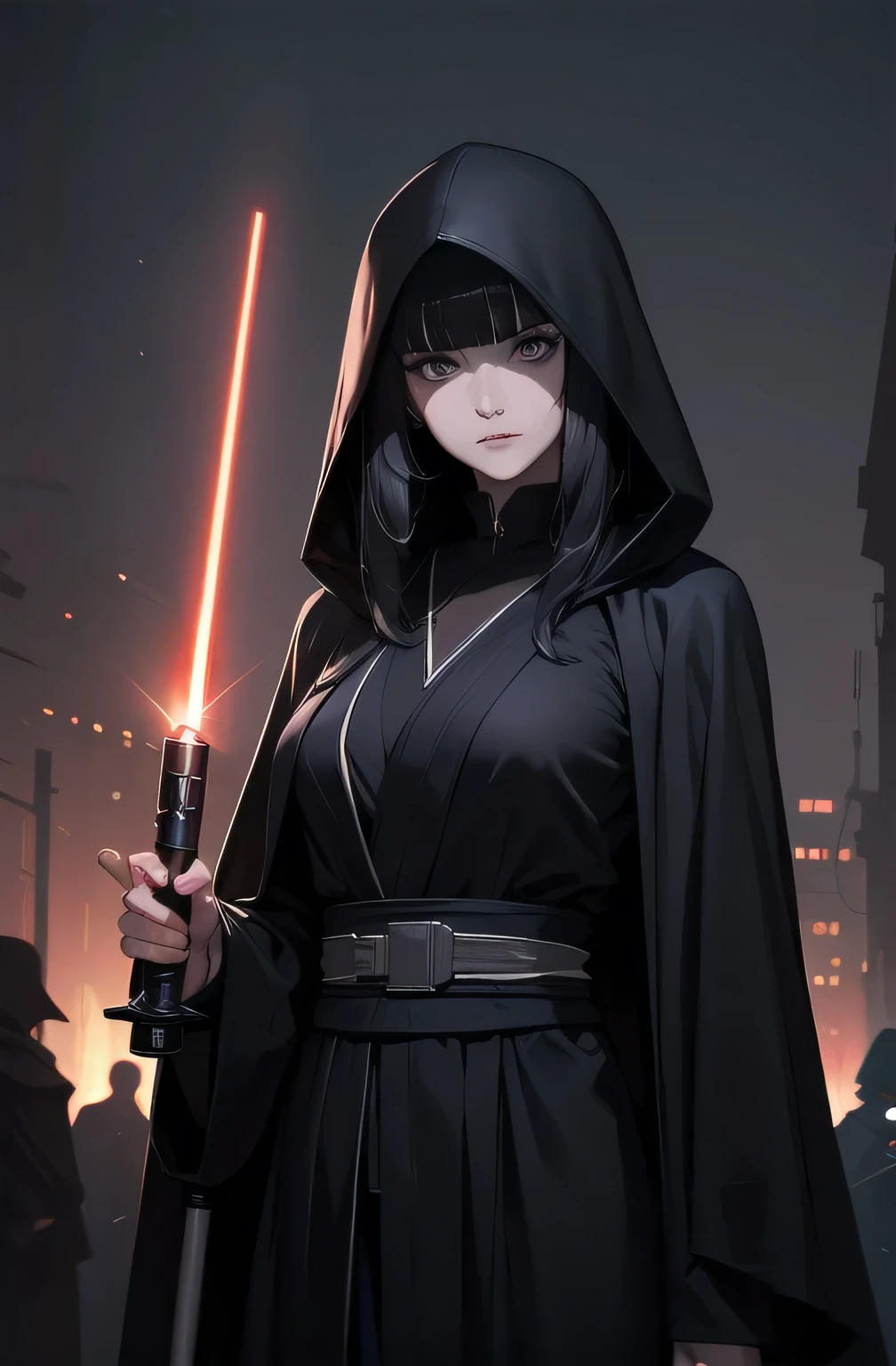 Shadow Face、Star Wars, jedi, black jedi robe、Black Robe, black belt,Star Wars concept art, Star Wars、jedi、Lightsabers、Black Robe、jediの服、Black hoodを被る、Star Wars、beautiful girl、cute、Droopy eyes、Black Hair、Beautiful Long Hair、Straight hair、bangsbangs、bangs、hime cut、Big Breasts、Slim body、slim、(Best Quality,4K,High resolution,Masterpiece 1.2),Very detailed,Real 1.37,Spooky Background,Dark fantasy,Black Theme,Ominous atmosphere,Eye-catching,Anime Style,Concept Art,beautiful, Delicate facial features, pale Skin, night、Dim lighting、Dark Background, Cinema Lighting, Dramatic Shadows, Spooky atmosphere, Dark words, 1 person&#39;S, Red cheeks, ,(Lightsabers1.3),ruins,(Wasteland 1.3),((Flowing Black Hair)), Female Curves, Sexy flat stomach, Perfect hands, Extend one hand、Perfect anime character face, (Black hood)), standing, ((Black Robe), ,(STAR WARS 1.3), In the forest, Moonlight Illumination, Night lighting, jungle、Space Fantasy,SF, Skeleton Gas Light,Absurd, High resolution、 ((STAR WARS)), ((Best Quality)), (Very detailedな), ((Very detailed)), (beautiful), ((cute)), 1 person,(1.6)、beautiful face、Full Body Ezbian、pale, Beautiful skin、Big Breasts、Beautiful body、Slim body、beautiful feet、Smiling Kindly、Dark Building Ruins、(Ruins 1.3)、Low angle full body shot、(Creepy 1.3)、(The girl lost a lot of blood...............1.3)、Spirits、Droopy eyes、bangs, Long Hair, Star Wars、jedi、Blue Lightsabers、Ready your Lightsabers、Star Wars Background、Ruins、In the forestで、night、Colorful Lightsabers、Silver-handled Lightsabers