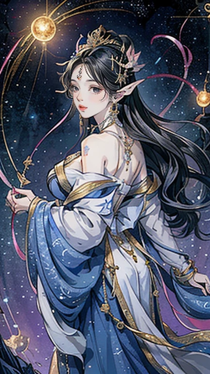 （masterpiece，Best Quality，High resolution, Unity8k wallpaper, Official Art), (One young beautiful girl), colorful, Detailed illustration art, Super detailed，Large Breasts, (Intertwined, Datura stramonium, Tangle), The Goddess, White lace dress, Silver Tiara, necklace, earrings, Gold Bracelet, Off the shoulder, Look at me and smile, Divine Light，Looking back beauty, Like a painting, flash drawing，Vibrant colors, Perfect Majic, Fantasy World, background, star雲, star, milky way, Detailed digital art, 