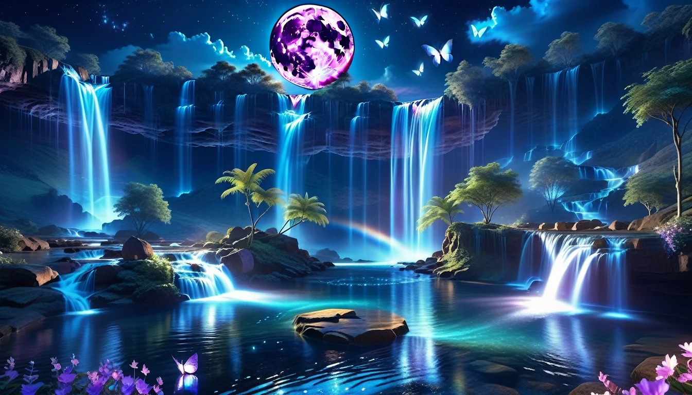 A Masterpiece In 32K Resolution, Supreme Quality, Super Detail, Official Art, Very High-Resolution 32K Wallpaper, Beautiful And Aesthetic, Ultra-Detailed Features, Awe-Inspiring Detail. An Enchanted Moonlit Waterfall - Butterflies Flutter Under The Light Of The Full Moon As Iridescent Waterfalls Cascade Into A Glowing Pool. Nebula-Like Clouds Float Overhead, And The Entire Scene Glows With A Bioluminescent Radiance, Framed By Stunning Galactic Vistas.