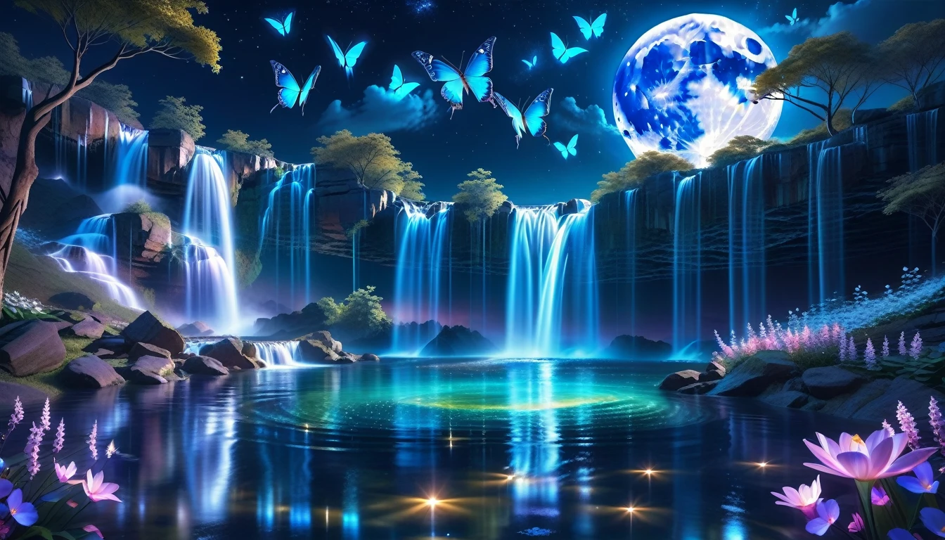 A Masterpiece In 32K Resolution, Supreme Quality, Super Detail, Official Art, Very High-Resolution 32K Wallpaper, Beautiful And Aesthetic, Ultra-Detailed Features, Awe-Inspiring Detail. An Enchanted Moonlit Waterfall - Butterflies Flutter Under The Light Of The Full Moon As Iridescent Waterfalls Cascade Into A Glowing Pool. Nebula-Like Clouds Float Overhead, And The Entire Scene Glows With A Bioluminescent Radiance, Framed By Stunning Galactic Vistas.