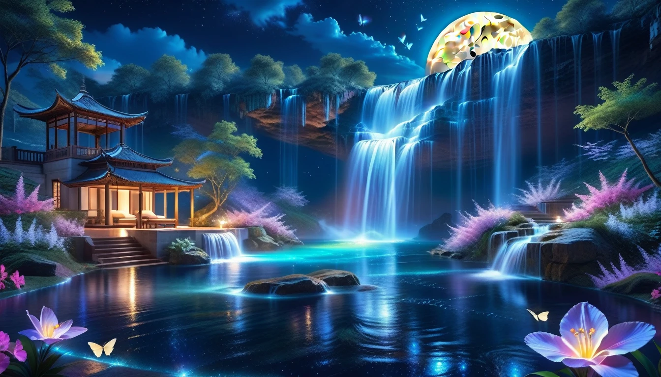 A Masterpiece In 32K Resolution, Supreme Quality, Super Detail, Official Art, Very High-Resolution 32K Wallpaper, Beautiful And Aesthetic, Ultra-Detailed Features, Awe-Inspiring Detail. An Enchanted Moonlit Waterfall - Butterflies Flutter Under The Light Of The Full Moon As Iridescent Waterfalls Cascade Into A Glowing Pool. Nebula-Like Clouds Float Overhead, And The Entire Scene Glows With A Bioluminescent Radiance, Framed By Stunning Galactic Vistas.