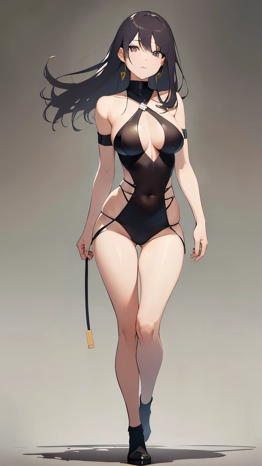  The image is a digital artwork of a young woman with black hair and glasses, wearing a black and red outfit with a necklace and a tattoo on her right shoulder.
