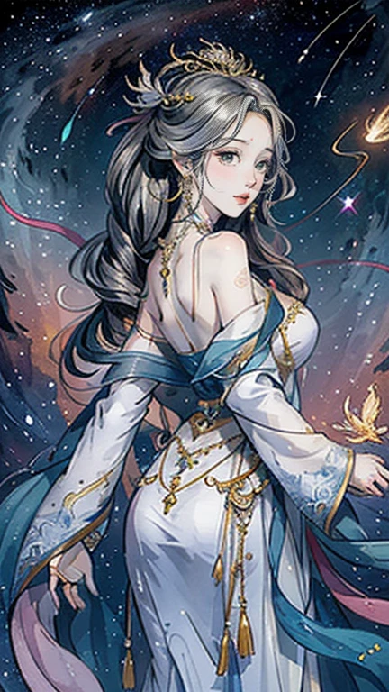 （masterpiece，Best Quality，High resolution, Unity8k wallpaper, Official Art), (One young beautiful girl), colorful, Detailed illustration art, Super detailed，Large Breasts, (Intertwined, Datura stramonium, Tangle), The Goddess, White lace dress, Silver Tiara, necklace, earrings, Gold Bracelet, Off the shoulder, Look at me and smile, Divine Light，Looking back beauty, Like a painting, flash drawing，Vibrant colors, Perfect Majic, Fantasy World, background, star雲, star, milky way, Detailed digital art, 