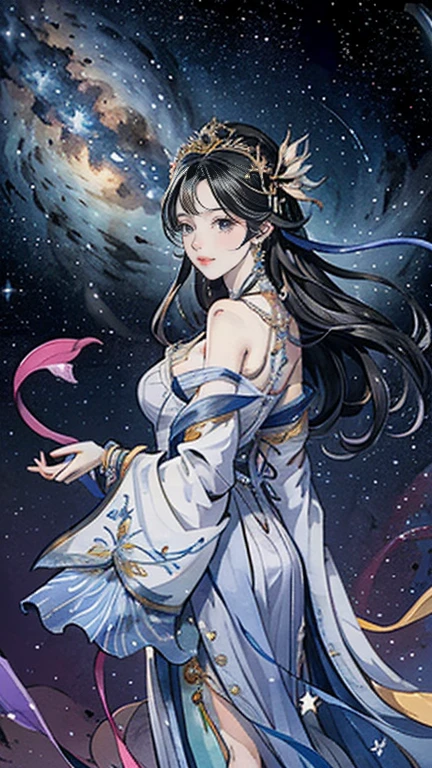 （masterpiece，Best Quality，High resolution, Unity8k wallpaper, Official Art), (One young beautiful girl), colorful, Detailed illustration art, Super detailed，Large Breasts, (Intertwined, Datura stramonium, Tangle), The Goddess, White lace dress, Silver Tiara, necklace, earrings, Gold Bracelet, Off the shoulder, Look at me and smile, Divine Light，Looking back beauty, Like a painting, flash drawing，Vibrant colors, Perfect Majic, Fantasy World, background, star雲, star, milky way, Detailed digital art, 