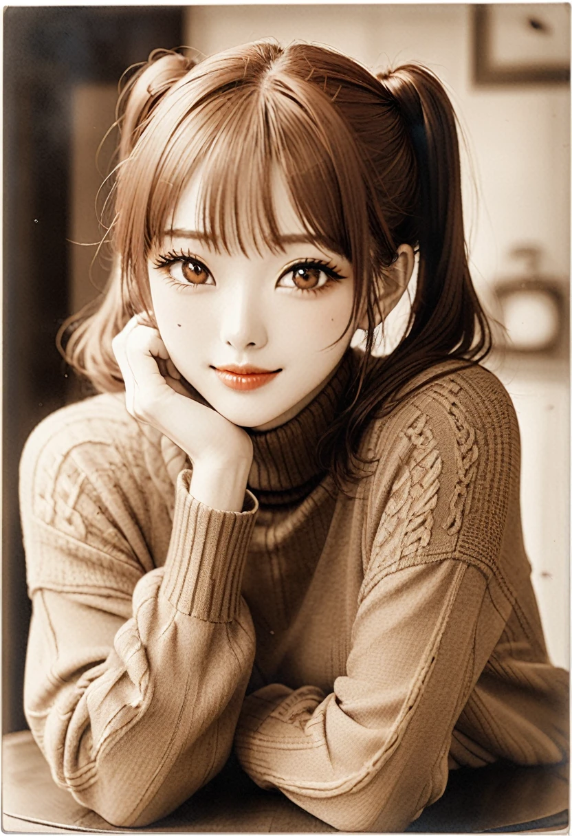 A photo of a girl with red hair and twin tails( Very sepia:1.8)Old photo of、(Saturation -1.8). Place both hands on cheeks, Sleeves longer than the wrist, indoor, Turtleneck sweater, Red sweater,Sweater details and soft texture、 Please put your elbows on the table,Very beautiful detailed red eyes and glossy lips,Beautiful detailed ultra-realistic skin、 Face close-up, Front, Very long upper eyelashes, Very long eyelashes, Reflective pupil, A little blush, Sexy lips, A gentle smile that captivates the audience, Actual Location, Gazing at the viewer.