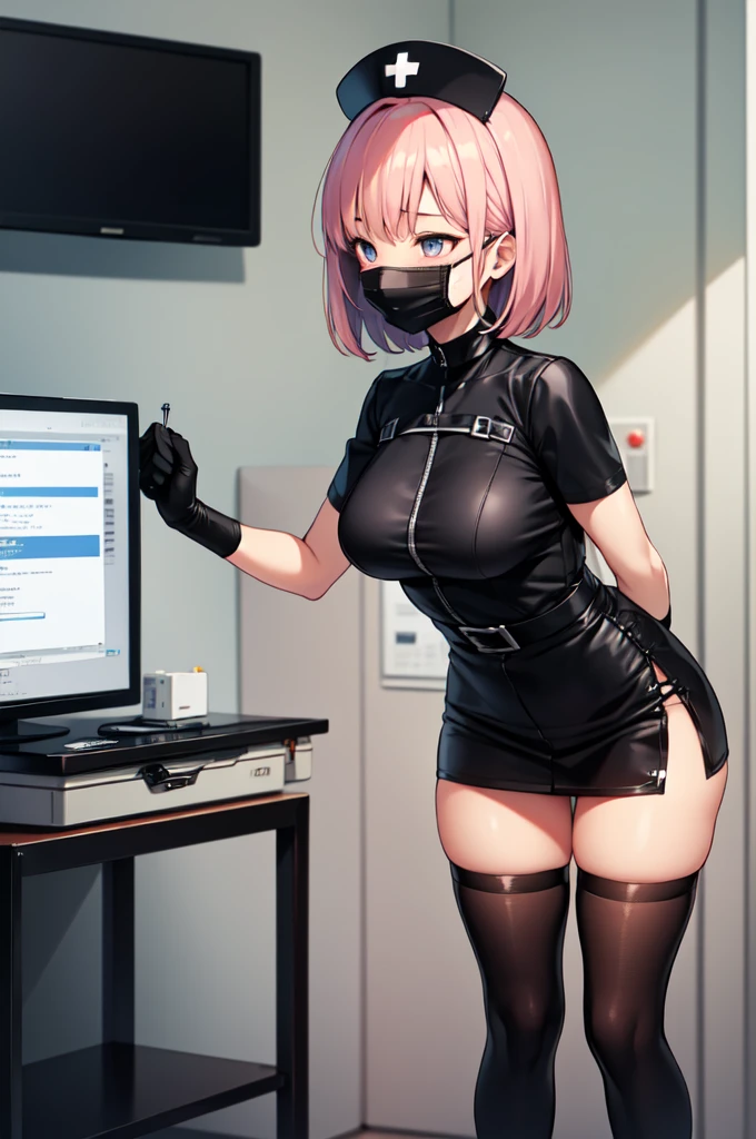 age boy with pink wig , beautiful face, with small round breast, big perfect butt with a huge penis, wearing a black leather top with a black mini skirt, without underwear
