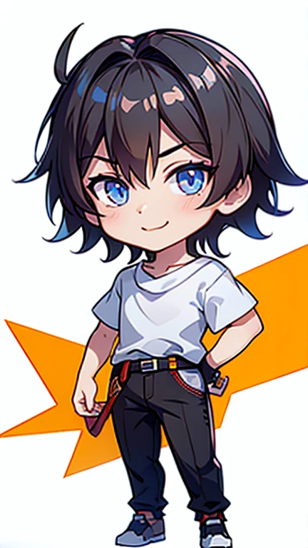 masterpiece, Best Quality, Chibi,
, One person, Focus on men,, short hair,Black Hair,bangs,Blue eyes,smile,White shirt,pants,belt, White,university student,
plain white background, no patterns