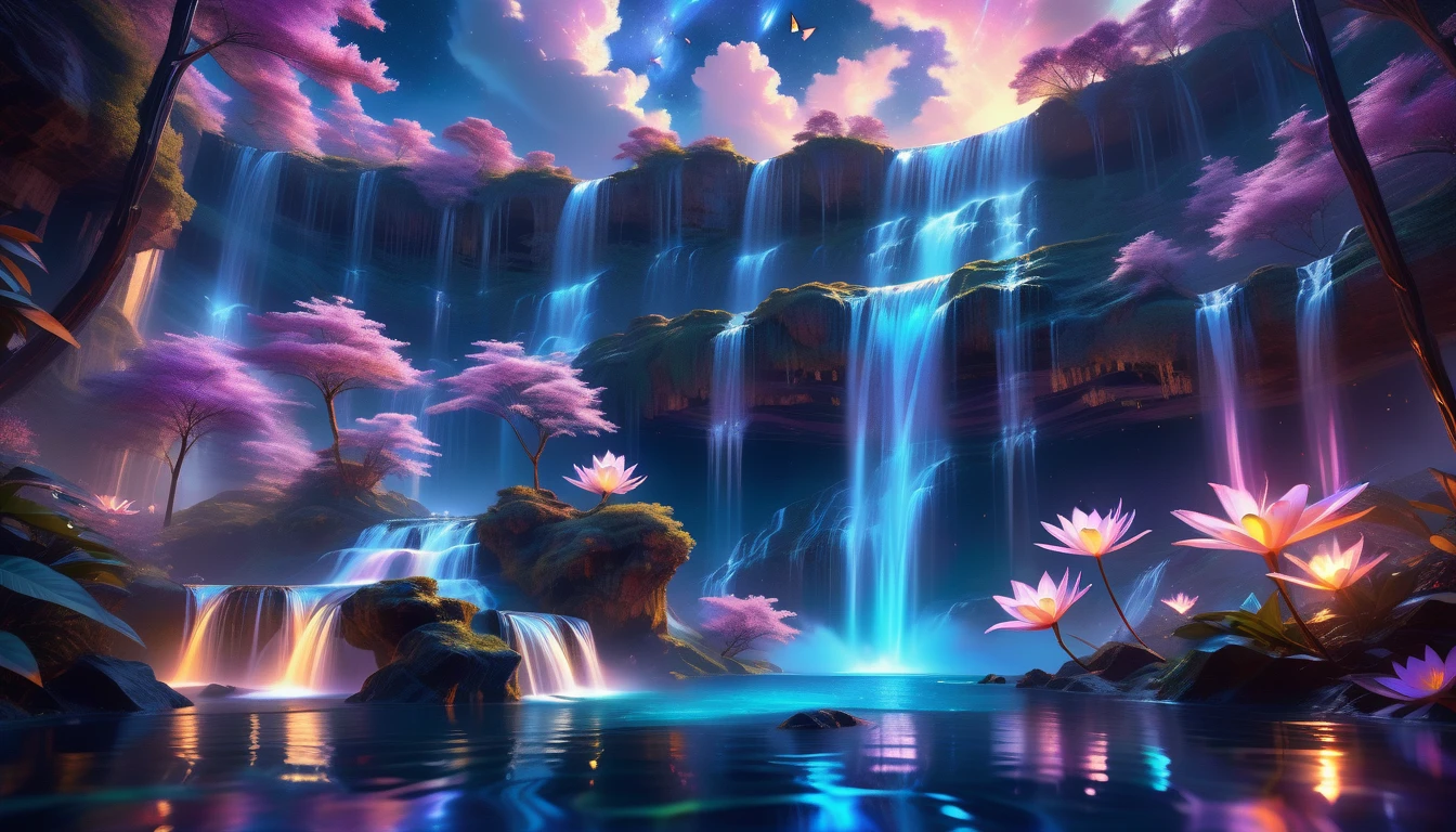 A Masterpiece In 32K Resolution, Supreme Quality, Super Detail, Official Art, Very High-Resolution 32K Wallpaper, Beautiful And Aesthetic, Ultra-Detailed Features, Awe-Inspiring Detail. An Enchanted Moonlit Waterfall - Butterflies Flutter Under The Light Of The Full Moon As Iridescent Waterfalls Cascade Into A Glowing Pool. Nebula-Like Clouds Float Overhead, And The Entire Scene Glows With A Bioluminescent Radiance, Framed By Stunning Galactic Vistas.