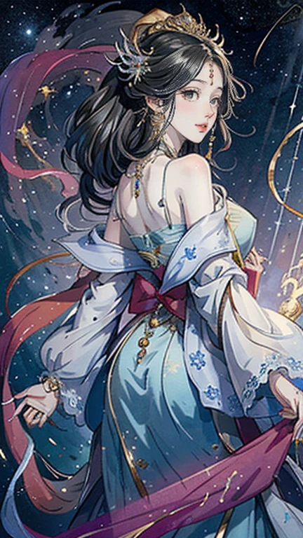 （masterpiece，Best Quality，High resolution, Unity8k wallpaper, Official Art), (One young beautiful girl), colorful, Detailed illustration art, Super detailed，Large Breasts, (Intertwined, Datura stramonium, Tangle), The Goddess, White lace dress, Silver Tiara, necklace, earrings, Gold Bracelet, Off the shoulder, Look at me and smile, Divine Light，Looking back beauty, Like a painting, flash drawing，Vibrant colors, Perfect Majic, Fantasy World, background, star雲, star, milky way, Detailed digital art, 