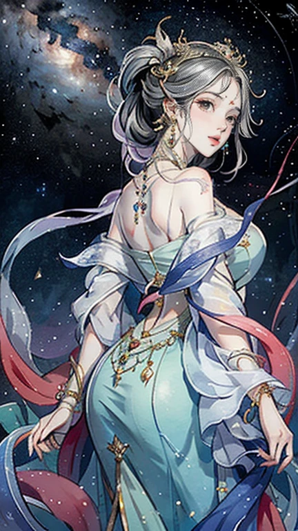 （masterpiece，Best Quality，High resolution, Unity8k wallpaper, Official Art), (One young beautiful girl), colorful, Detailed illustration art, Super detailed，Large Breasts, (Intertwined, Datura stramonium, Tangle), The Goddess, White lace dress, Silver Tiara, necklace, earrings, Gold Bracelet, Off the shoulder, Look at me and smile, Divine Light，Looking back beauty, Like a painting, flash drawing，Vibrant colors, Perfect Majic, Fantasy World, background, star雲, star, milky way, Detailed digital art, 