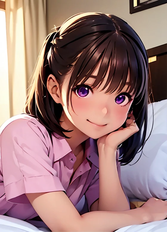 High resolution,In 8K,Best Quality,detailed,Semi-realistic anime,Anime 3D Style,Smooth anime CG,One Girl,One Japanese woman,slim,Modeled,Shiny brown hair,((Medium length hair up to shoulders)),detailedな顔,Beautiful and detailed,Glowing Skin,In the woody room,((Female college student)),(((Pink collared shirt))),((Lie on your back in bed)),(((Look at you beside me))),straggling hair,Angelic hairstyle,(Small breasts),((Deep violet sparkling eyes)),(()),(((Shut your mouth.))),((Smile))