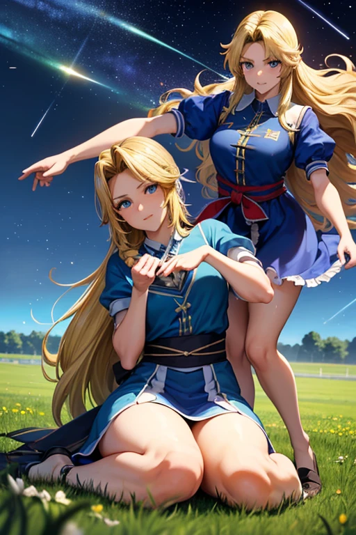 Masterpiece
(woman,The facial expression is accurate,Anime style face,greenish blue eyes )
Shooting stars flowing at night
((((grassland))))
((((座っているwoman))))
((((夜空を見ているwoman))))
8k((((high school girl))))
8k(((((Wavy, Gracefully running down my shoulders、Wavy blonde hair that flows gently around the face)))))
((Angle from below))
Emphasize the breasts and draw the body