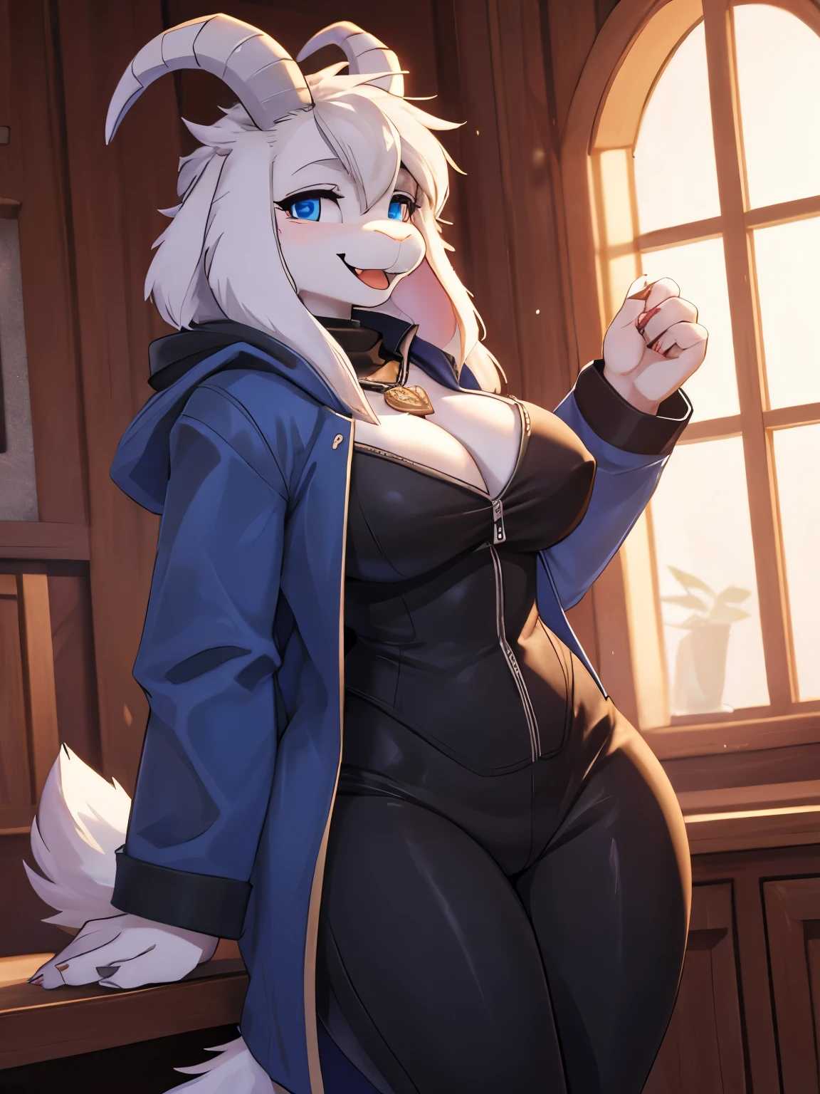 woman, young adult, smiling, beautiful smile, open mouth, showing fangs, alone, in a house, hairy, goat, anthropomorphic goat, Asriel, Undertale ((Asriel Dreemurr)), big breasts, big, big ass, wide hips, perfect female body, tall, ((long hair, long white hair, straight hair)), blue eyes, pupils (slit shape), face, anthropomorphic, cartoon, Eskimo coat ((blue coat, no drawing, Eskimo coat) ), metacarpal paw, black blouse ((white heart in the middle, black pants)), wears golden heart pendant, goat's tail, short horns, white horns ((droopy ears, big ears)), goat's paw, anthropomorphic paw , specific, better quality, better detailing, details and quality.