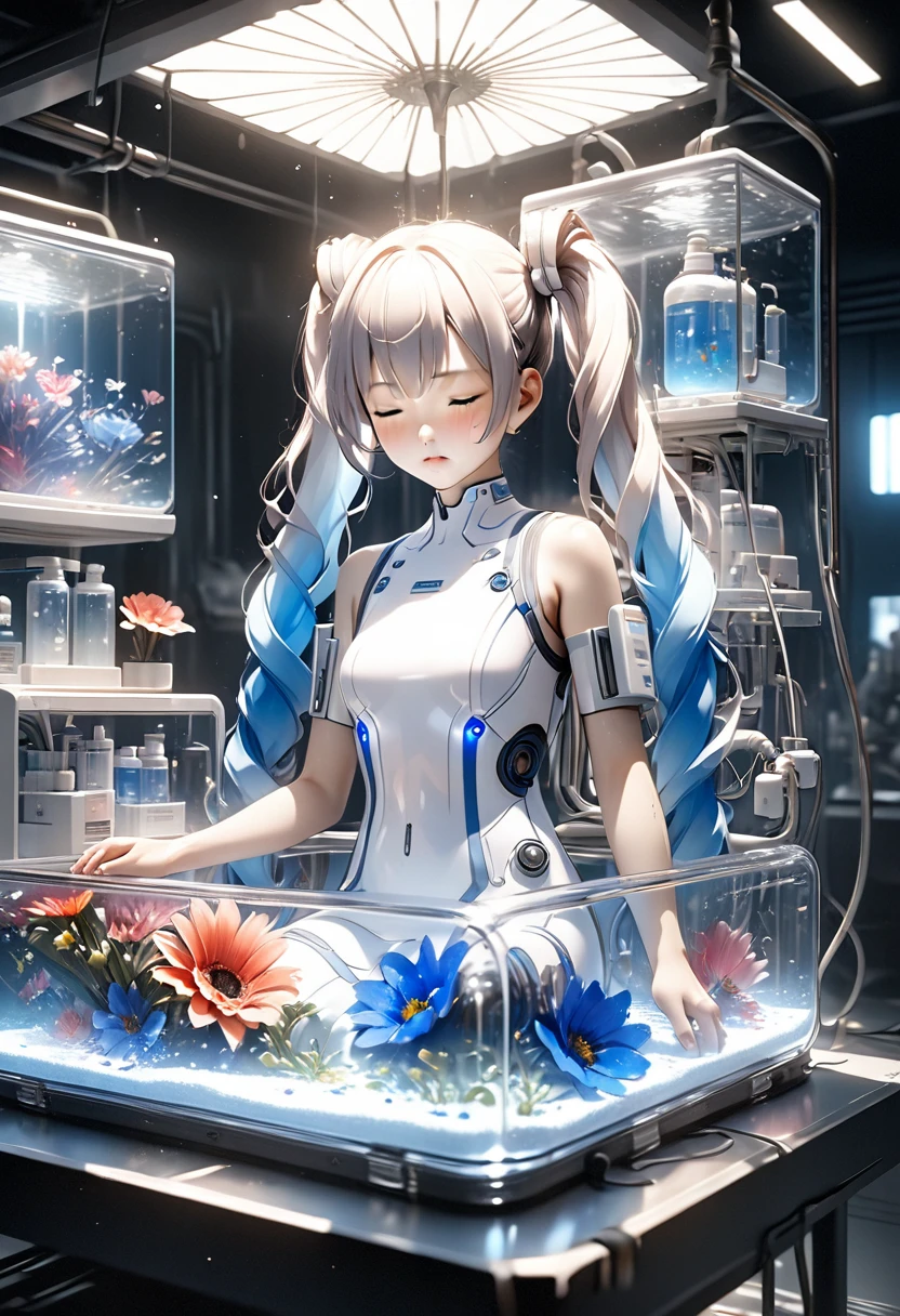 Ultra-high-definition 3DCG art.An android girl with translucent blue twin tails, Detailed beautiful face、Beautiful detailed realistic skin、He is receiving treatment surrounded by medical equipment., They are housed in large, transparent culture tanks filled with a slightly bluish nutrient solution.,Beautiful culture medium fills the tank、Beautiful transparency and shine of detailed tank、Many beautiful colorful flowers are densely packed in a culture tank.、Numerous thin blue tubes like blood vessels were connected to her body., Flowers and tubes create art in a tank、 A fantastic scene inside the culture tank, Beautiful detailed face, Eyes closed, Cowboy Shot, Great cinema lighting, Realistic CG graphics, (masterpiece, High resolution, 4K, 8k .:1.5).超High resolution.Ultra Detail、Dramatic Lighting、3D Rendering、Professional shooting resolution、