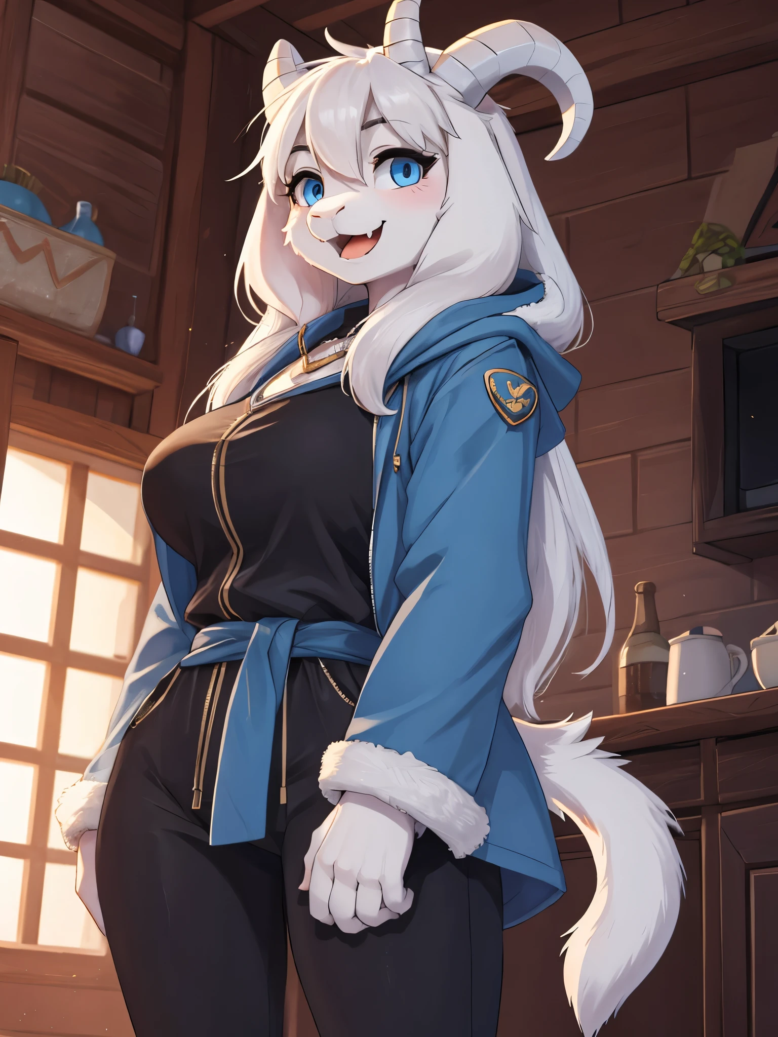 woman,  adult, smiling, beautiful smile, open mouth, showing fangs, alone, in a house, hairy, goat, anthropomorphic goat, Asriel, Undertale ((Asriel Dreemurr)), big breasts, big, big ass, wide hips, perfect female body, tall, ((long hair, long white hair, straight hair)), blue eyes, pupils (slit shape), face, anthropomorphic, cartoon, Eskimo coat ((blue coat, no drawing, Eskimo coat) ), metacarpal paw, black blouse ((white heart in the middle, black pants)), wears golden heart pendant, goat's tail, short horns, white horns ((droopy ears, big ears)), goat's paw, anthropomorphic paw , specific, better quality, better detailing, details and quality.