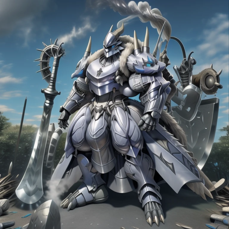 - Platinum_Dragon_Lord_Armor
- masterpiece. official art. 8k. best quality. detailed full body. full body.

- dominating Platinum_Dragon_Lord_Armor. Platinum_Dragon_Lord_Armor is over 1000 meters long. focus GIANT mechanical Muscular Platinum_Dragon_Lord_Armor is trampling the city. Looking down. macro. stomp. Low-angle perspective. emphasizing the immense size.

- smoke and flames rising from the destruction in the city)

- wearing a full-face helmet. high-tech bio-mecha armor. real texture material. whole body shines like metal. Wearing cyberpunk mecha. emphasizes the muscles. suit fully made of metal. intricate armor. Robotic suit. suit fully made of metal. cyborg. Powered exoskeleton with the same design as Platinum_Dragon_Lord_Armor.

- Detailed head. Detailed Body. Detailed abs. gigantic muscles. HYPER MUSCLES. Gigachad Muscular. big muscle. pecs. triceps. traps. unusually developed muscular body. body full of huge muscles. showing off muscles. pectorales enormes. Exaggeratedly huge muscles. huge muscles. long legs.

-NJfurry. Platinum_Dragon_Lord_Armor wears a long silver cloak.The claws are sharp. 5 toes.

- SILVER color hyper penis. hyper SILVER penis. big penis,

- melee weapon, weapon, armor, plate armor, sword, floating weapon, anthro, knight, clothing, helmet, detailed background, white fur, claws, dragon pauldron,

- Platinum_Dragon_Lord_Armor, full armor, cyborg, science fiction, combat helmet, 
- robot, mecha, holding, holding armor, holding weapon
- demon lord dragon batzz