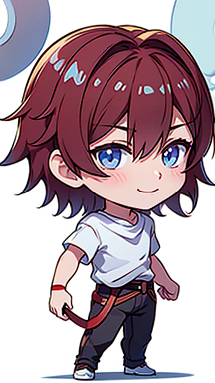 masterpiece, Best Quality, Chibi,
, One person, Focus on men,, short hair,Black Hair,bangs,Blue eyes,smile,White shirt,pants,belt, White,university student,plain white background, no patterns, no background patterns, solid white background, minimalist background